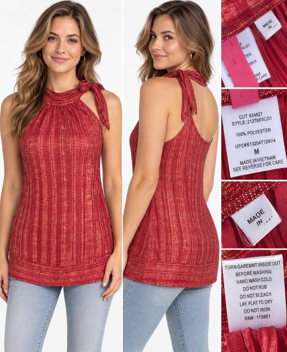 Y2K 2000s Holiday Party Red Gold Metallic Pleated Halter Tie Neck Top Sz Medium
